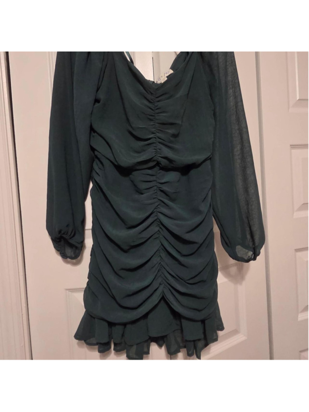 she + sky dark green long sleeve ruched dress with zipper in back